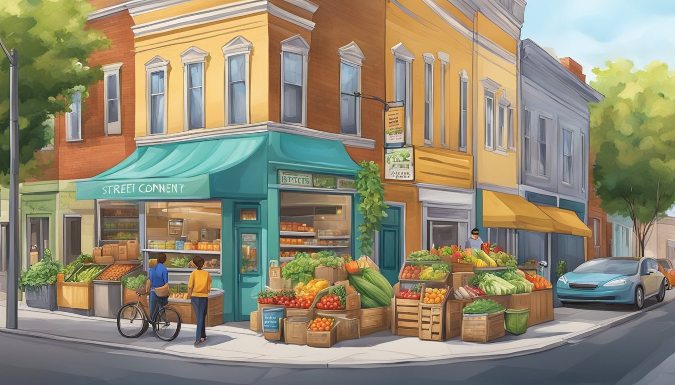 A bustling street corner with a colorful community fridge adorned with uplifting artwork and stocked with fresh produce and pantry items