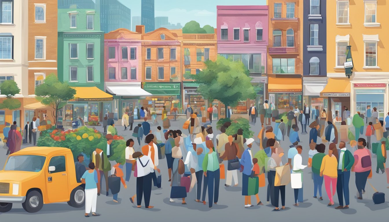 A bustling market street with a colorful community fridge surrounded by local government officials and organizations collaborating