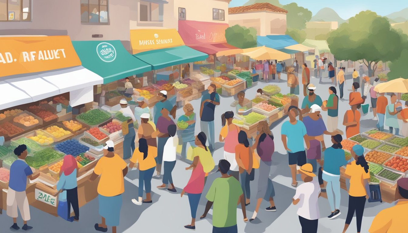 A bustling local market with a colorful community fridge at the center, surrounded by volunteers and engaged community members in Simi Valley, CA