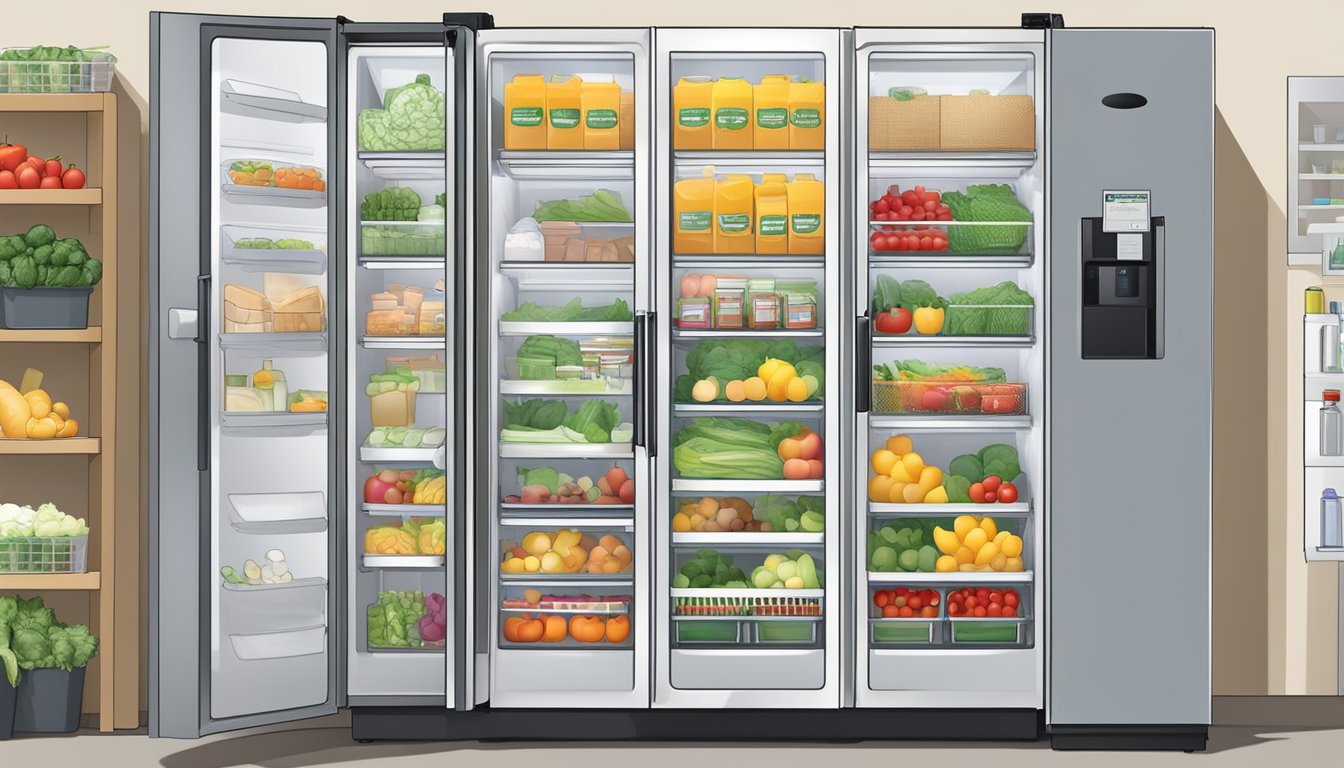 A clean and organized community fridge in a local space in Roseville, CA, stocked with fresh produce and labeled with food safety guidelines