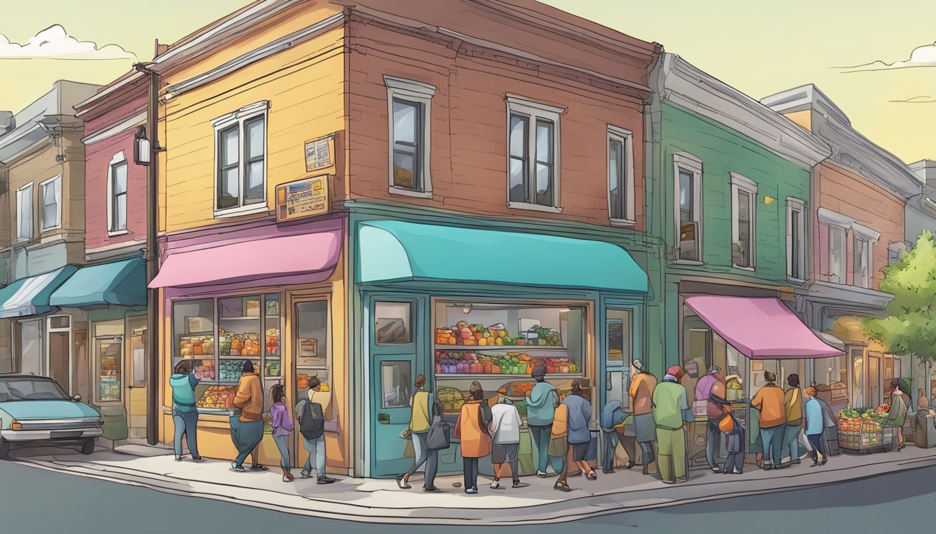 A bustling street corner with a colorful, well-stocked community fridge surrounded by people dropping off and picking up food items