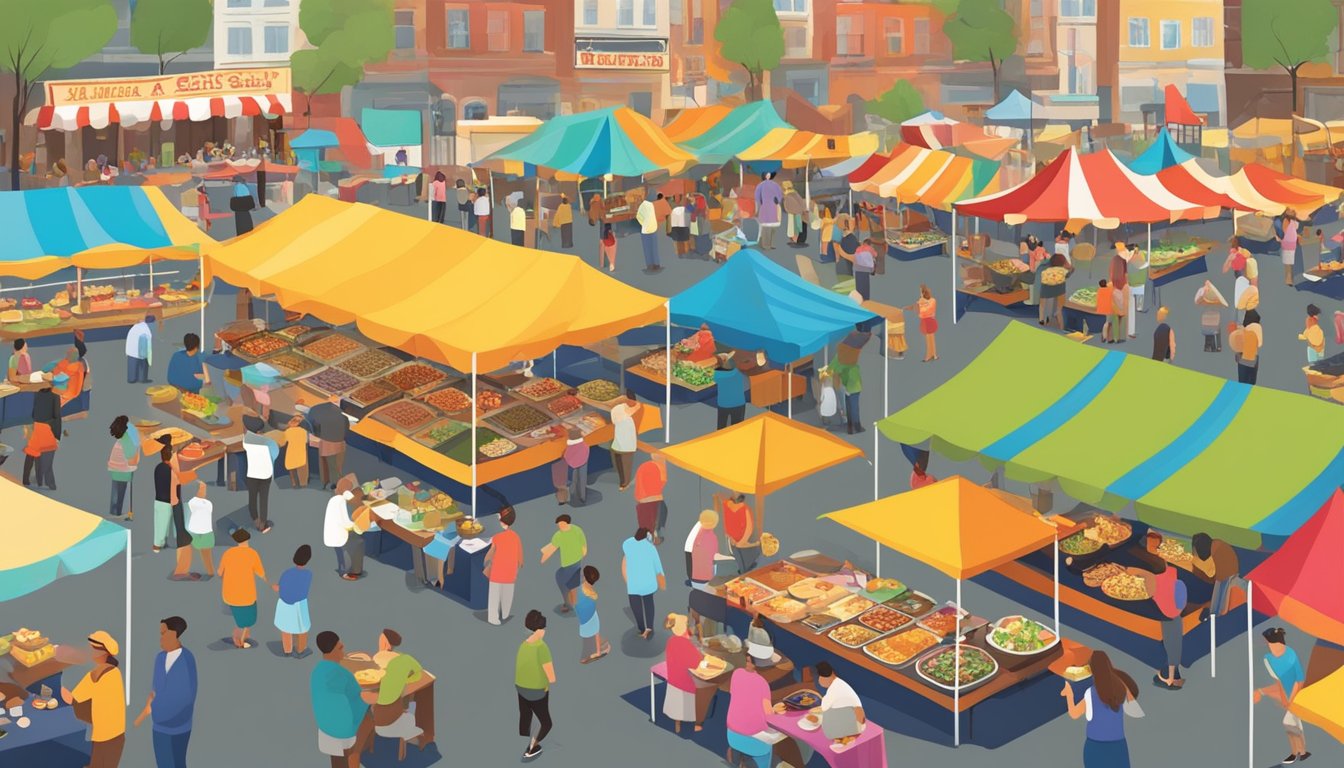 A bustling food festival with colorful tents and vendors, showcasing a variety of culinary delights from the city of Pittsburgh. The aroma of sizzling dishes fills the air as people sample the local cuisine