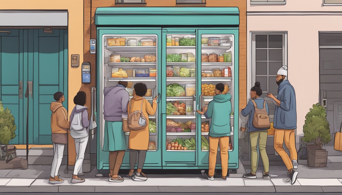 A community fridge surrounded by neighbors donating and taking food in a bustling urban setting