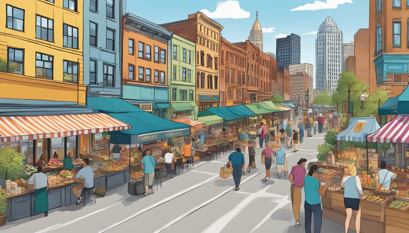 A bustling city street lined with diverse restaurants and food vendors, showcasing Pittsburgh's vibrant culinary scene