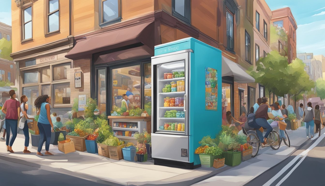 A community fridge nestled in a bustling neighborhood, surrounded by colorful murals and bustling foot traffic