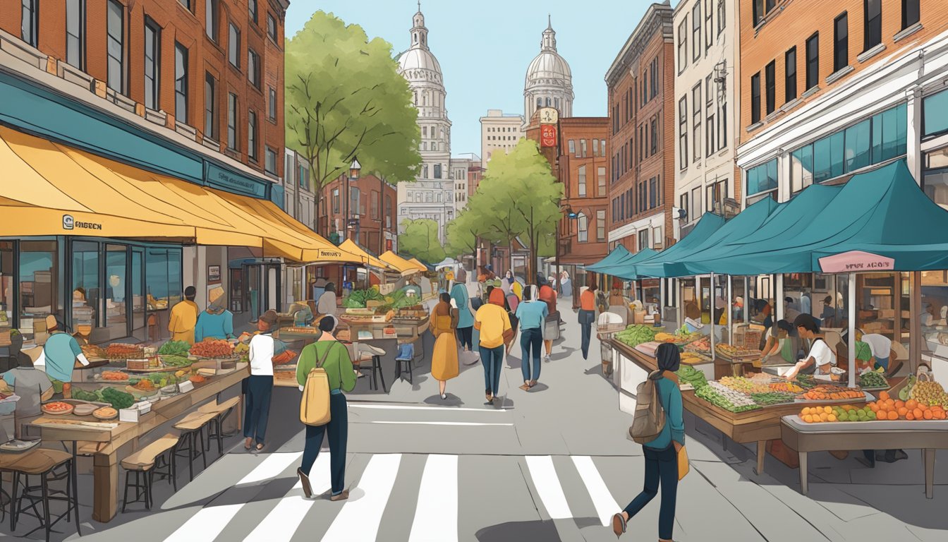 A bustling city street lined with diverse restaurants and food vendors, each showcasing the unique flavors and dishes that define Providence's culinary scene