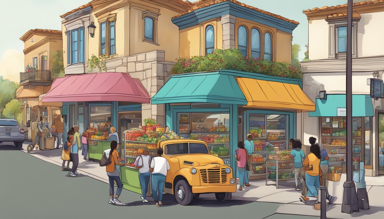 A bustling street corner in Temecula, CA, with a colorful community fridge surrounded by diverse individuals dropping off and picking up food items