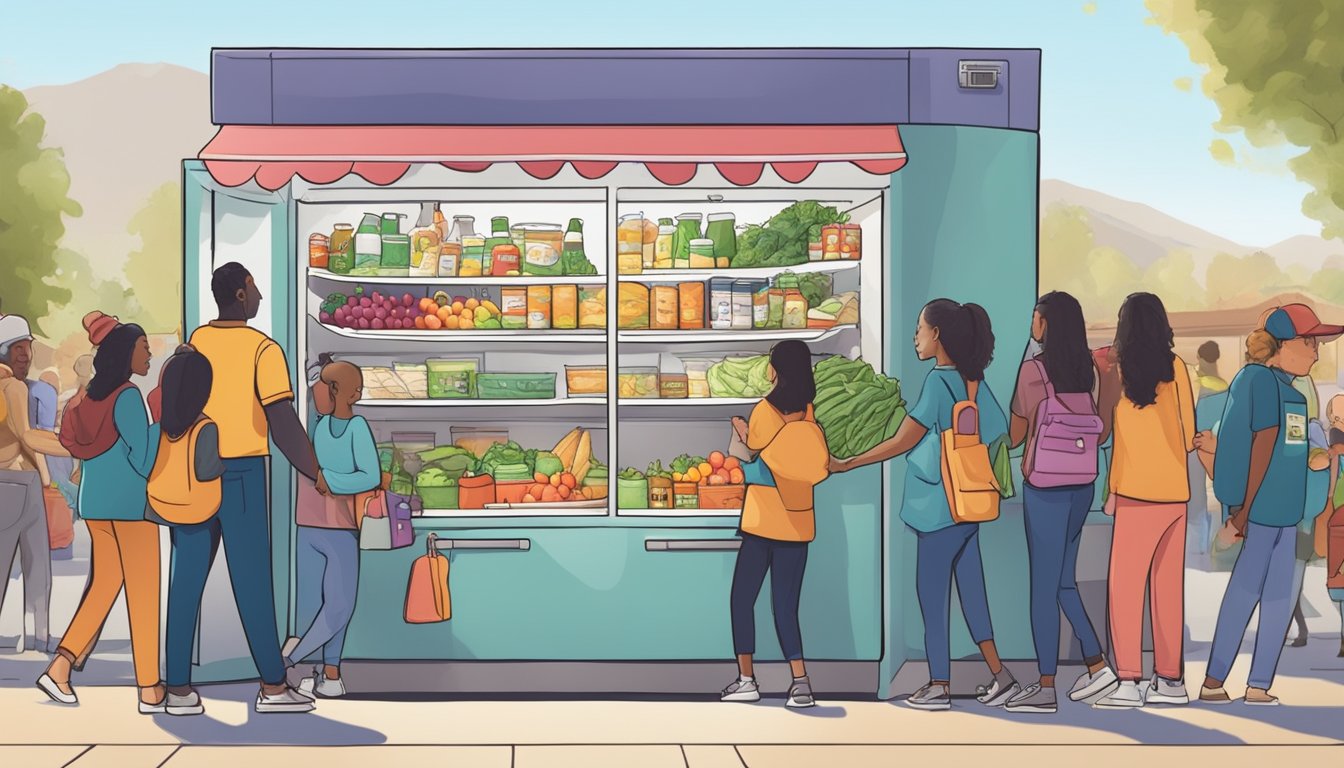 A bustling community fridge in Temecula, CA, filled with fresh produce, canned goods, and other food items, surrounded by people accessing and donating food