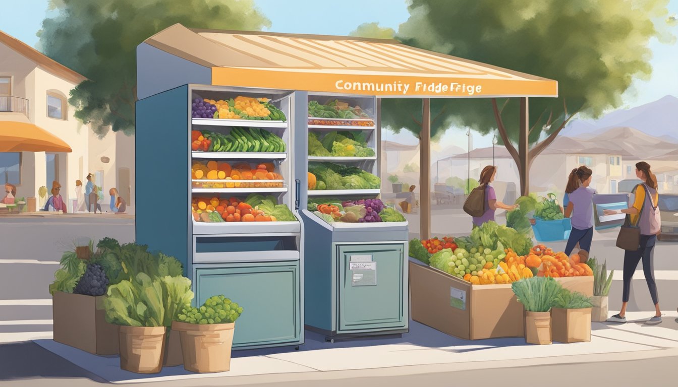 A community fridge sits in a sunny corner of Temecula, CA. People come and go, leaving fresh produce and packaged goods inside. A sign nearby provides information on how to participate in the program