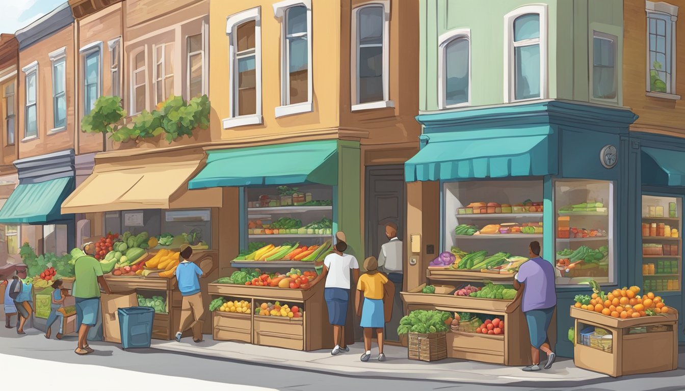 A bustling street corner with a colorful, decorated fridge filled with fresh produce and pantry items. People of all ages and backgrounds are seen stopping by to contribute or take items from the fridge