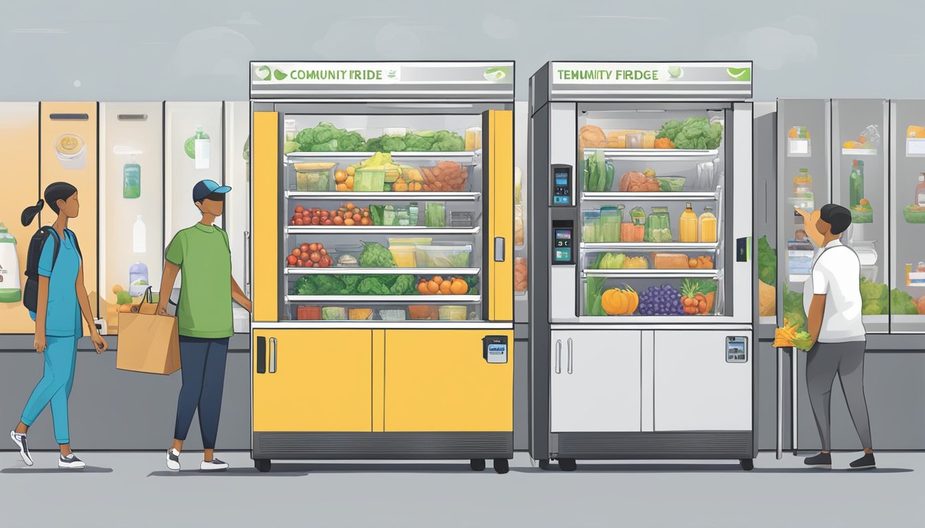 A community fridge in Temecula, CA with health and safety protocols in place, including temperature monitoring and cleanliness measures