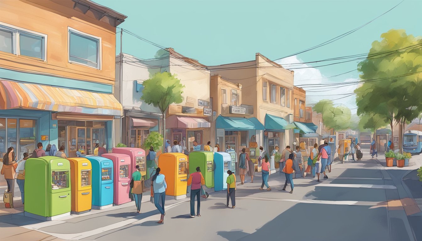 A bustling street with colorful community fridges and people interacting in West Covina, CA