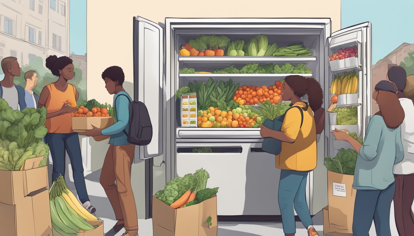 A community fridge filled with fresh produce and packaged goods, surrounded by a diverse array of people dropping off and picking up donations