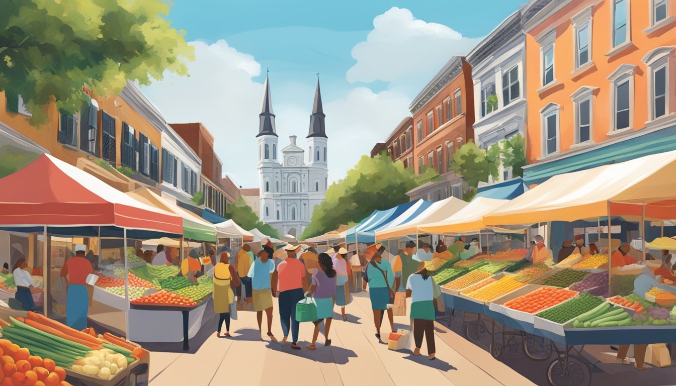 A bustling farmers' market in New Orleans, filled with colorful produce, fresh seafood, and local vendors showcasing the city's vibrant culinary scene