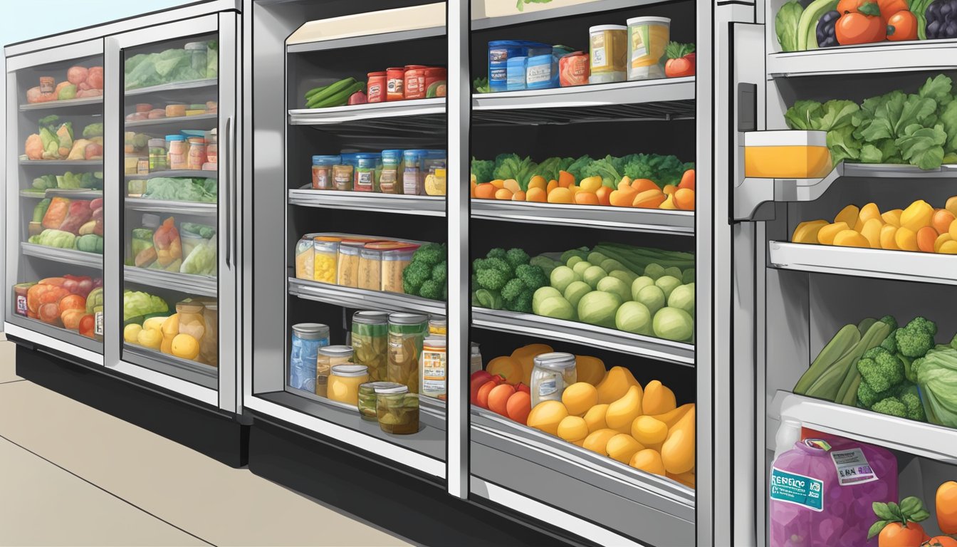 A community fridge in West Covina, CA filled with fresh produce, canned goods, and other non-perishable items