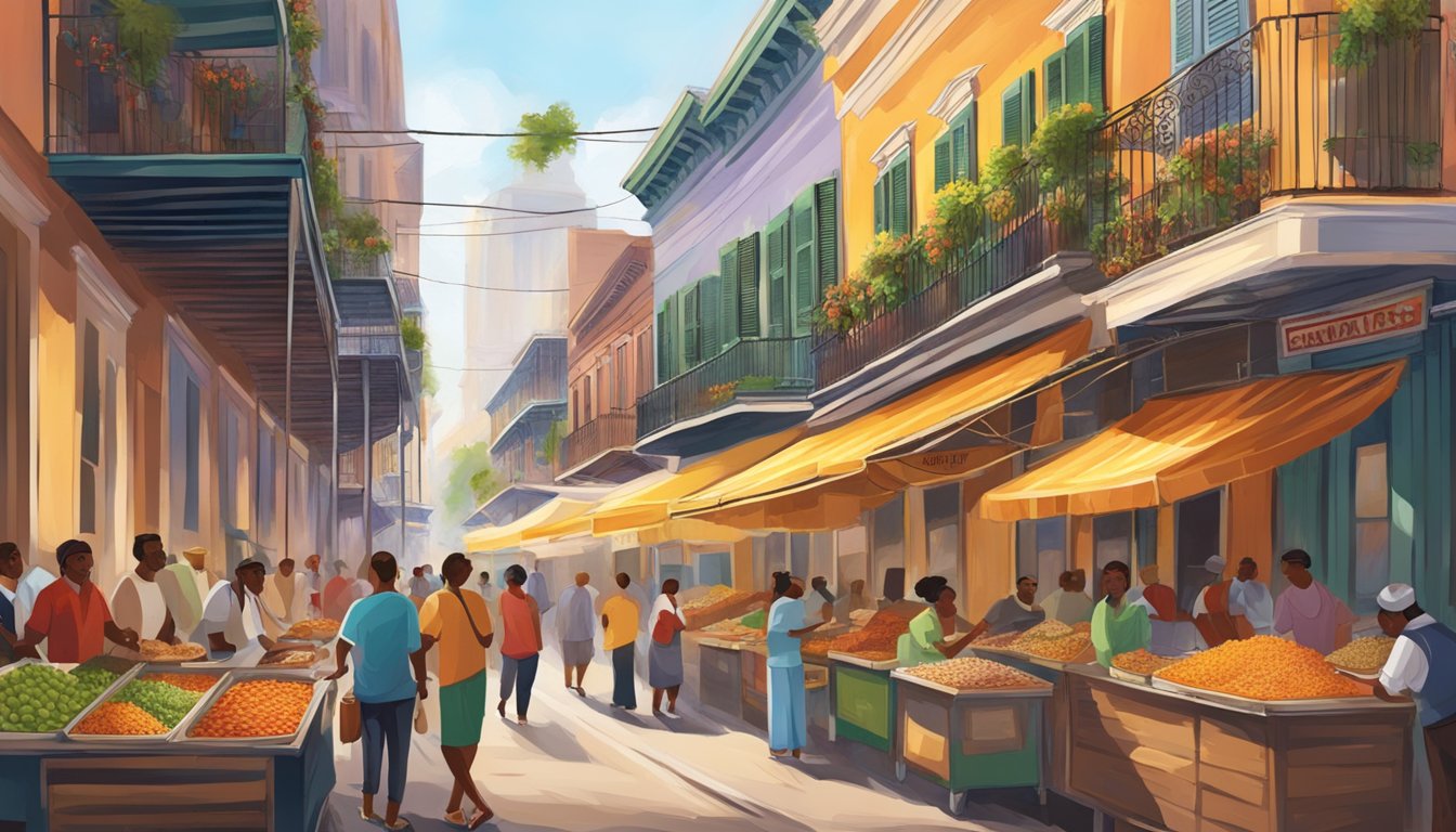 A bustling New Orleans street lined with colorful food stalls serving a variety of international cuisines, with the aroma of spices and flavors filling the air