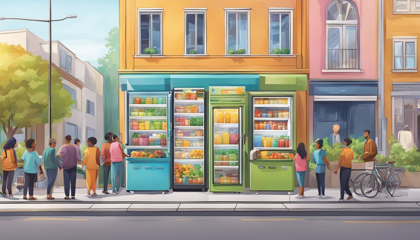 A colorful community fridge surrounded by diverse local buildings and people interacting