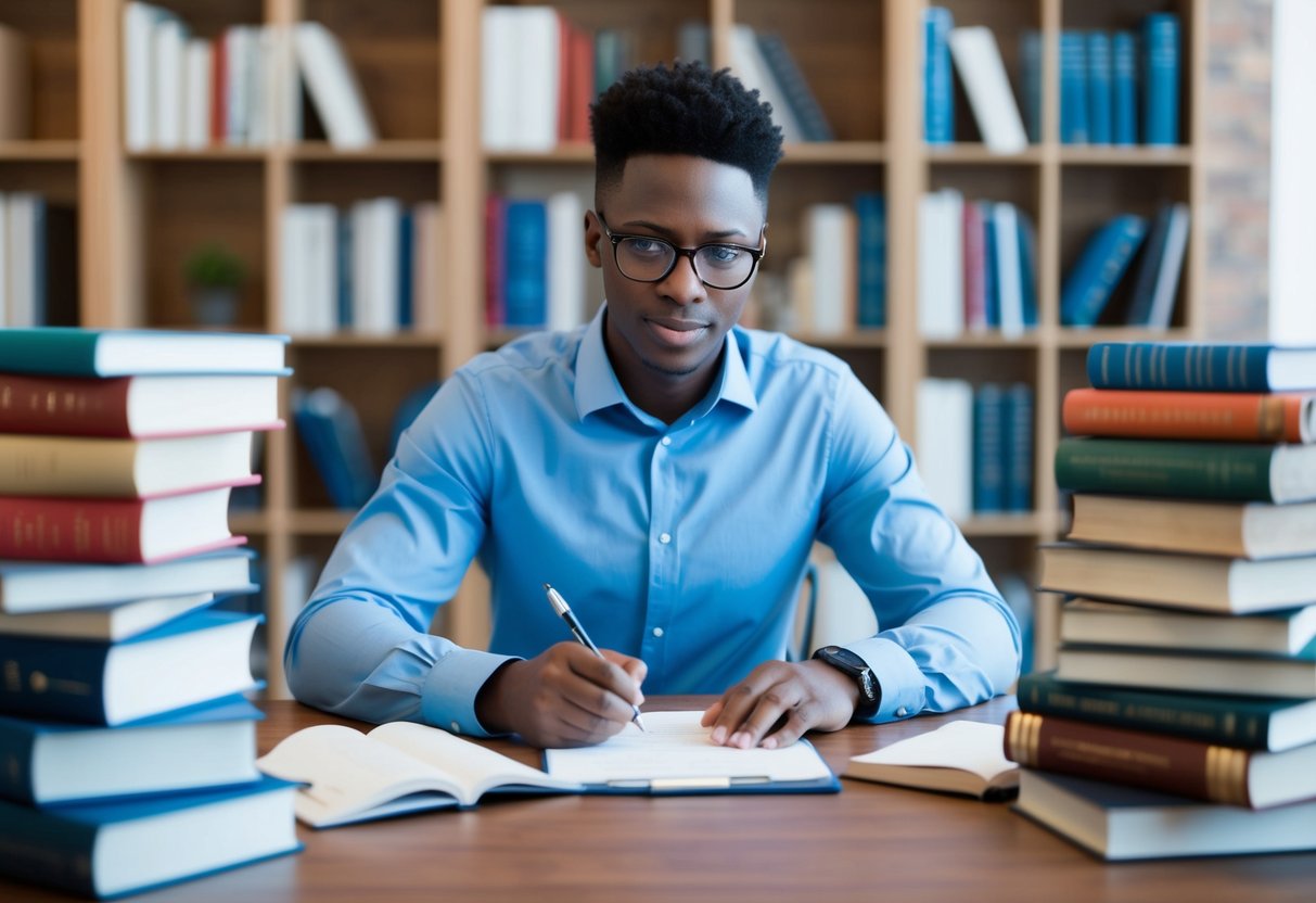 Une personne rédigeant des réponses persuasives à des appels d'offres, entourée de livres de psychologie et de stratégie, avec une expression concentrée et déterminée.