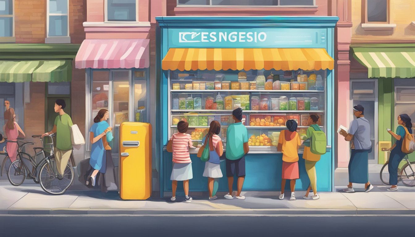 A colorful community fridge stands out against a backdrop of bustling streets, with people stopping to read the signage