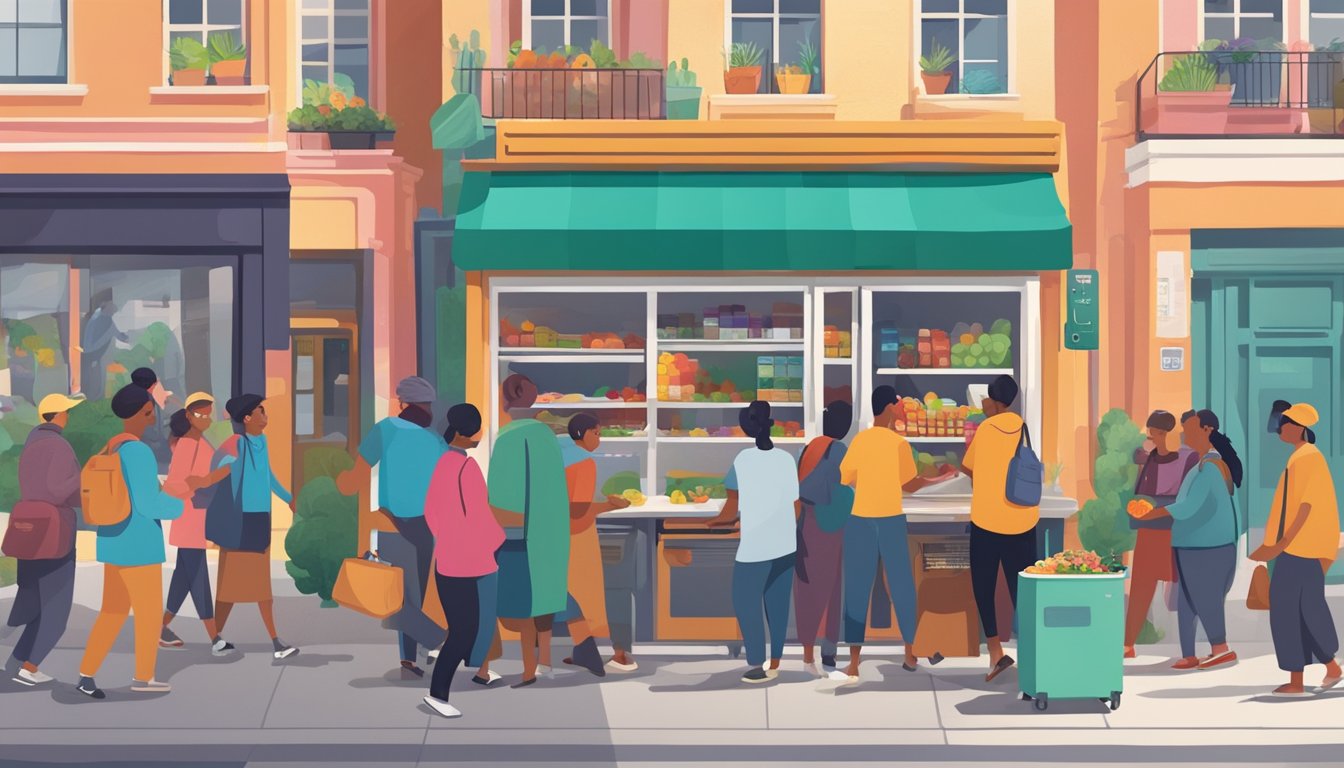 A bustling street scene with a colorful local community fridge surrounded by people interacting and exchanging food items. A sense of community engagement and connection is evident