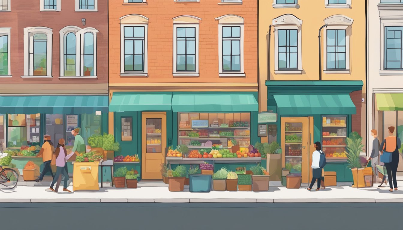 A bustling street lined with small shops and colorful storefronts, with locals browsing and chatting outside. A community fridge stands at the center, filled with fresh produce and goods from local businesses