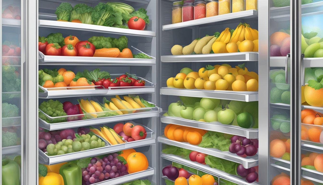 A local community fridge in West Covina, CA, filled with fresh fruits, vegetables, and other healthy food items