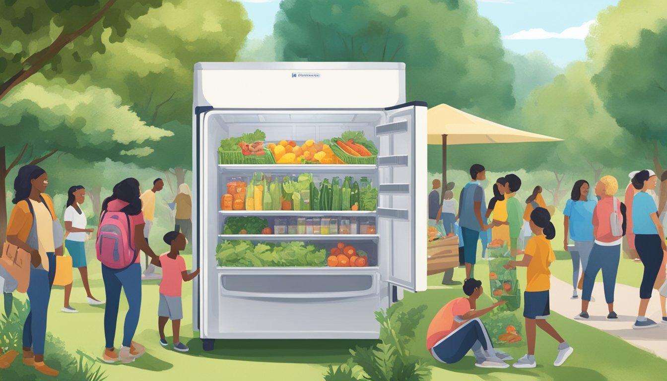 A community fridge nestled in a lush park setting, surrounded by trees and wildlife, with families and individuals coming to donate and collect food