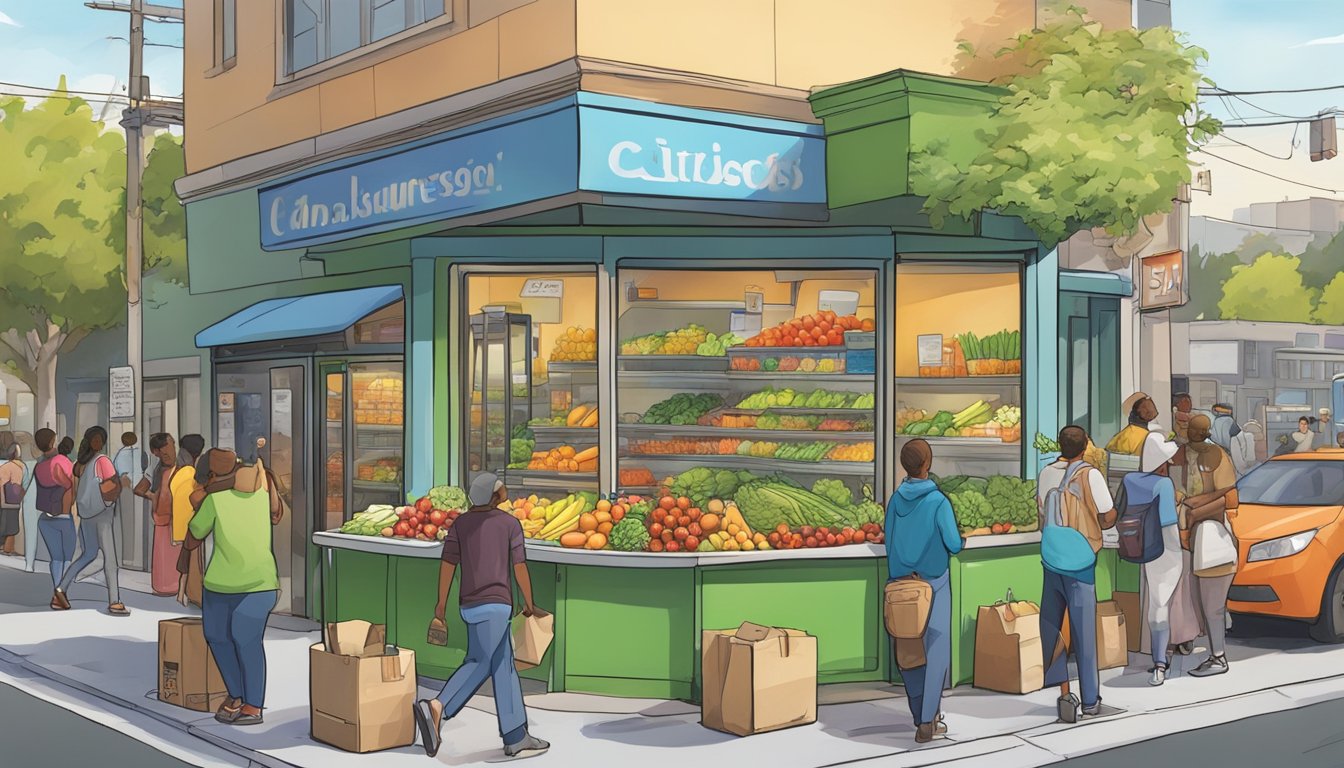 A bustling street corner in San Jose, California, where a colorful community fridge stands, filled with fresh produce and packaged goods, surrounded by eager locals