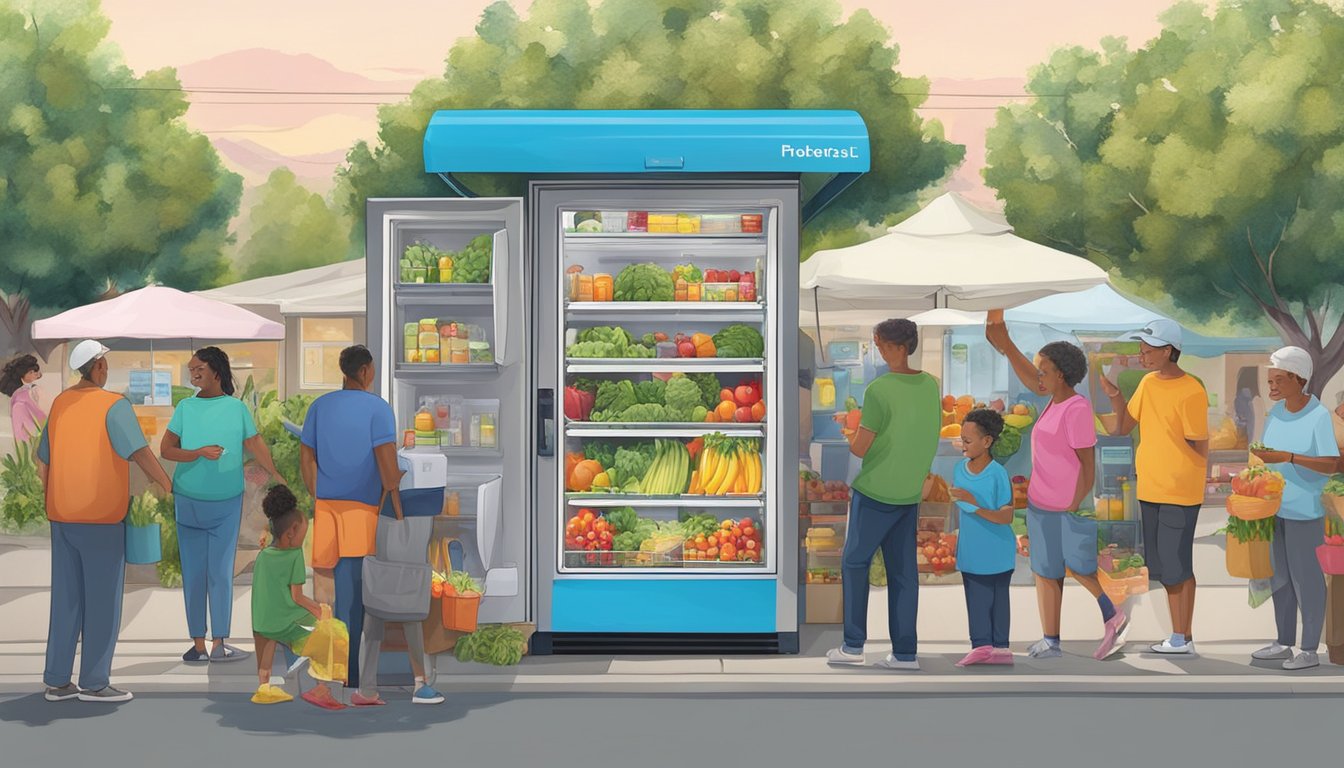 A colorful community fridge in Vacaville, CA, filled with fresh produce and food items, surrounded by local residents making donations