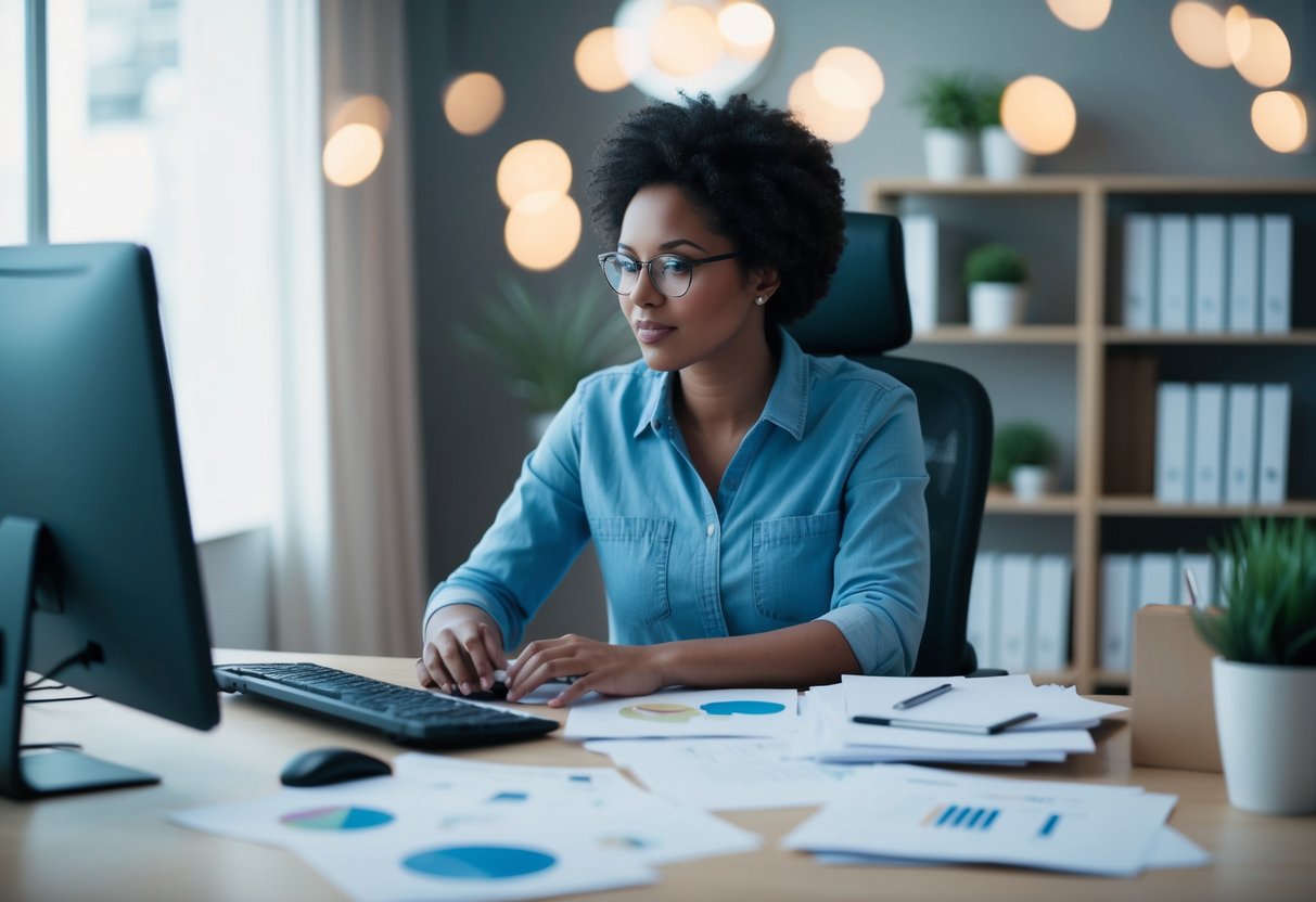 Une personne travaillant à un bureau, entourée de papiers et d'un ordinateur, en train de réfléchir et de planifier l'optimisation des demandes de propositions en psychologie.