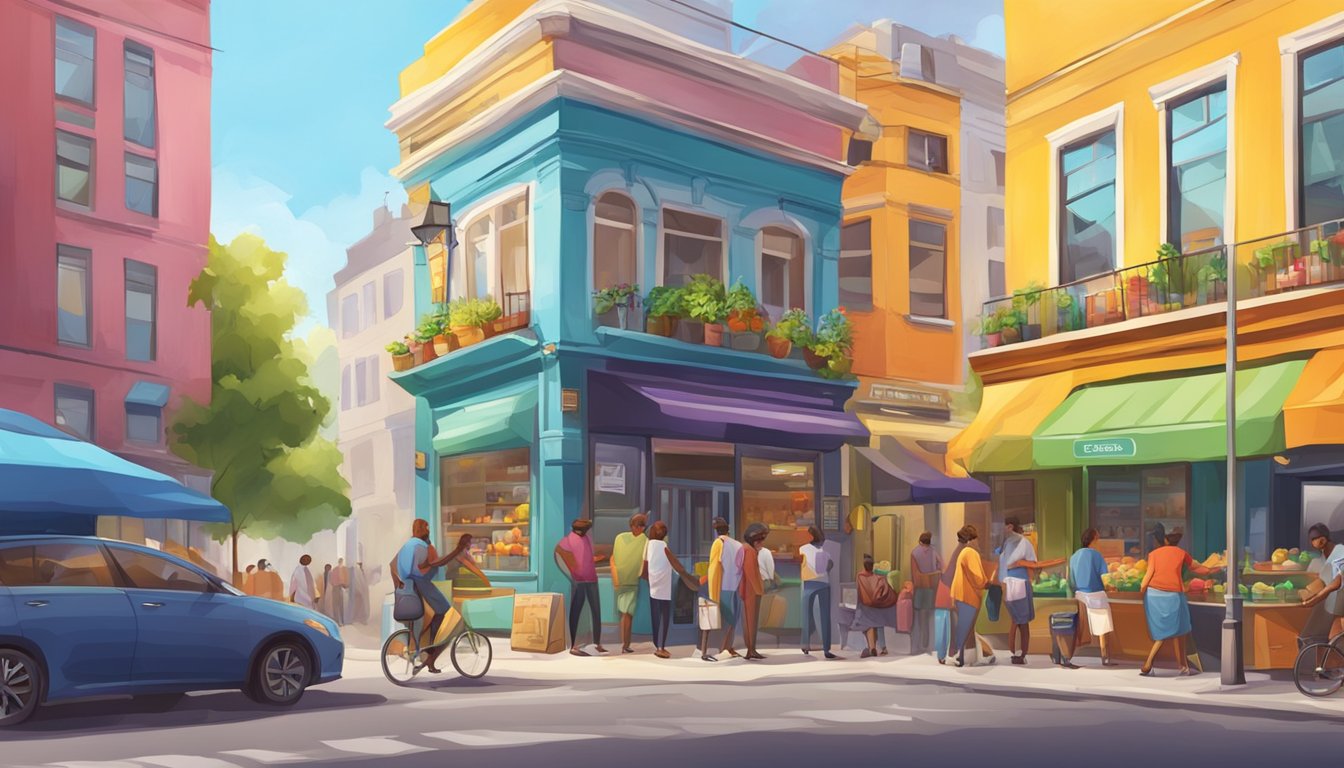 A vibrant street corner with a colorful community fridge surrounded by people exchanging food and goods