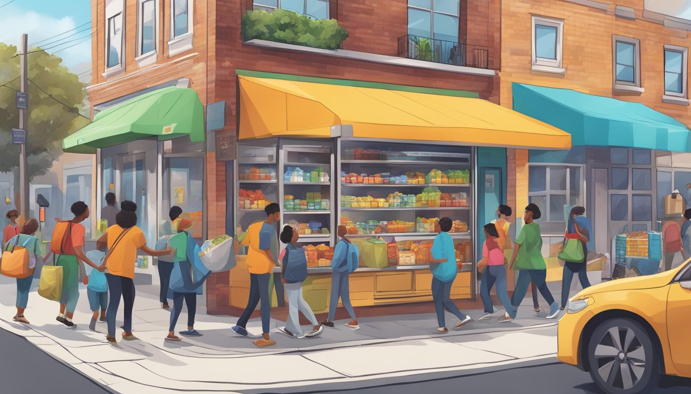 A bustling street corner with a bright, colorful community fridge surrounded by people dropping off and picking up food items