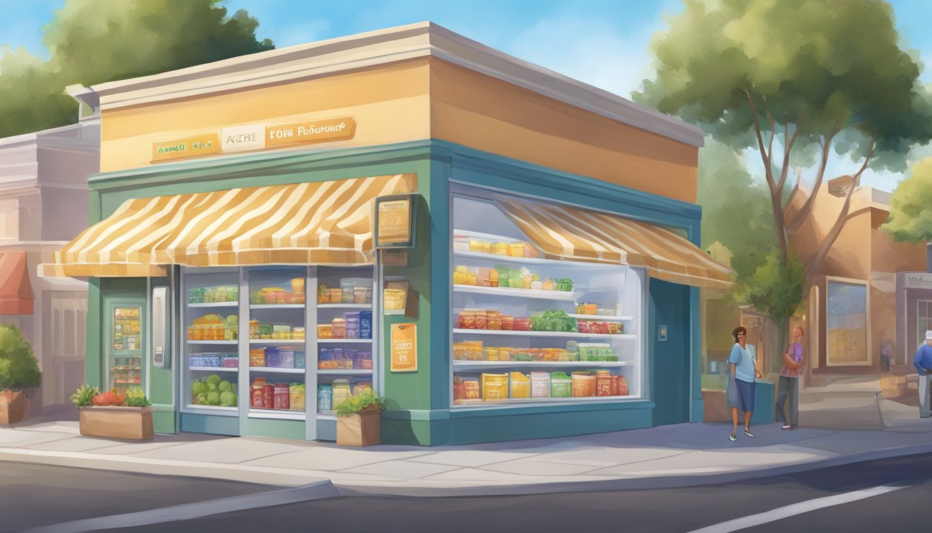 A local community fridge in Vacaville, CA, nestled among colorful storefronts, with easy access for residents