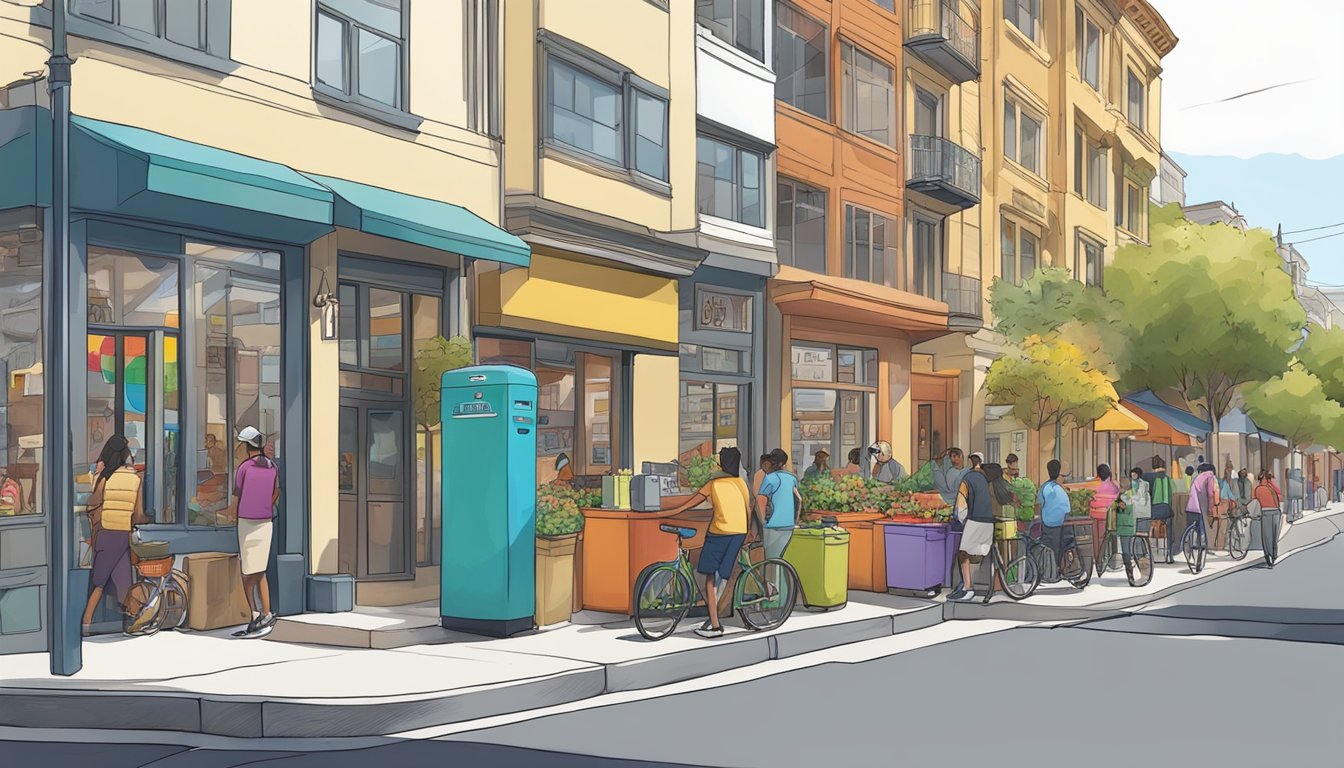 A bustling street in San Jose, California, with a colorful community fridge accessible to all