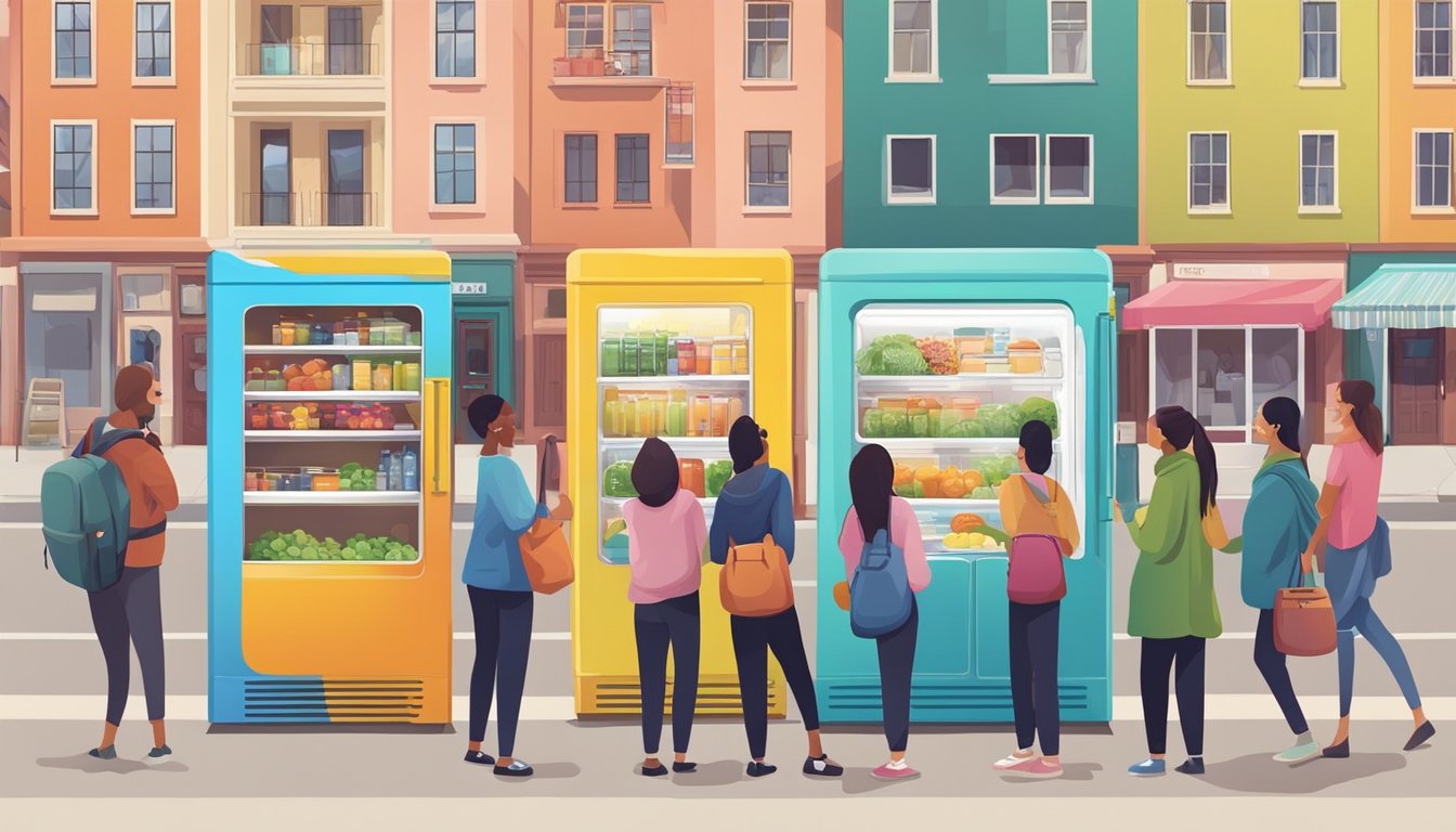 A colorful community fridge surrounded by diverse local buildings and people