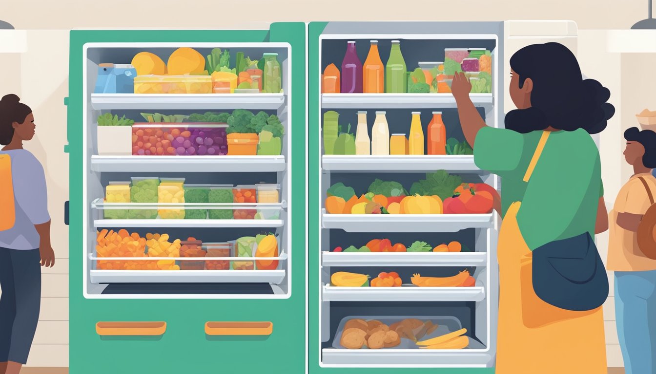 A person places food into a brightly colored community fridge in Vacaville, CA. The fridge is surrounded by a diverse array of people accessing its contents