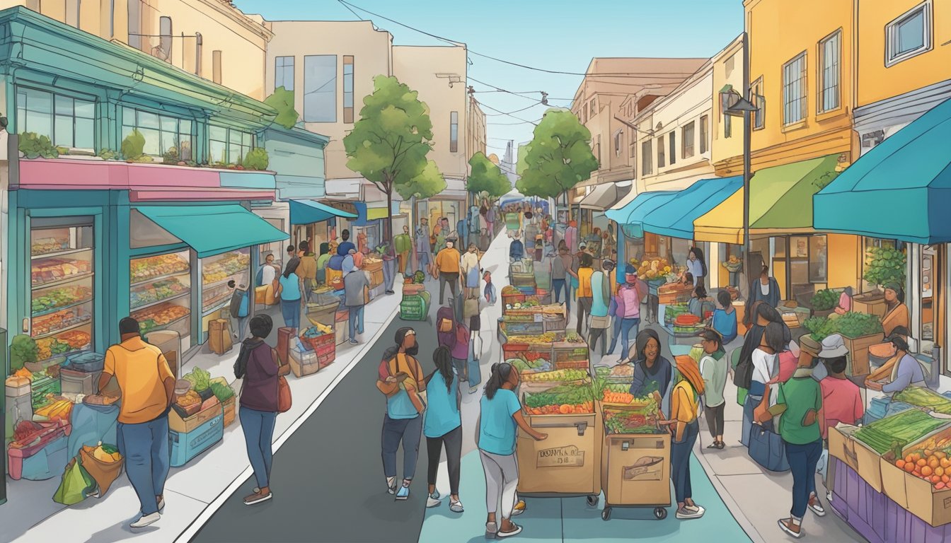 A bustling street in San Jose, CA with a colorful community fridge surrounded by people adding food and supplies