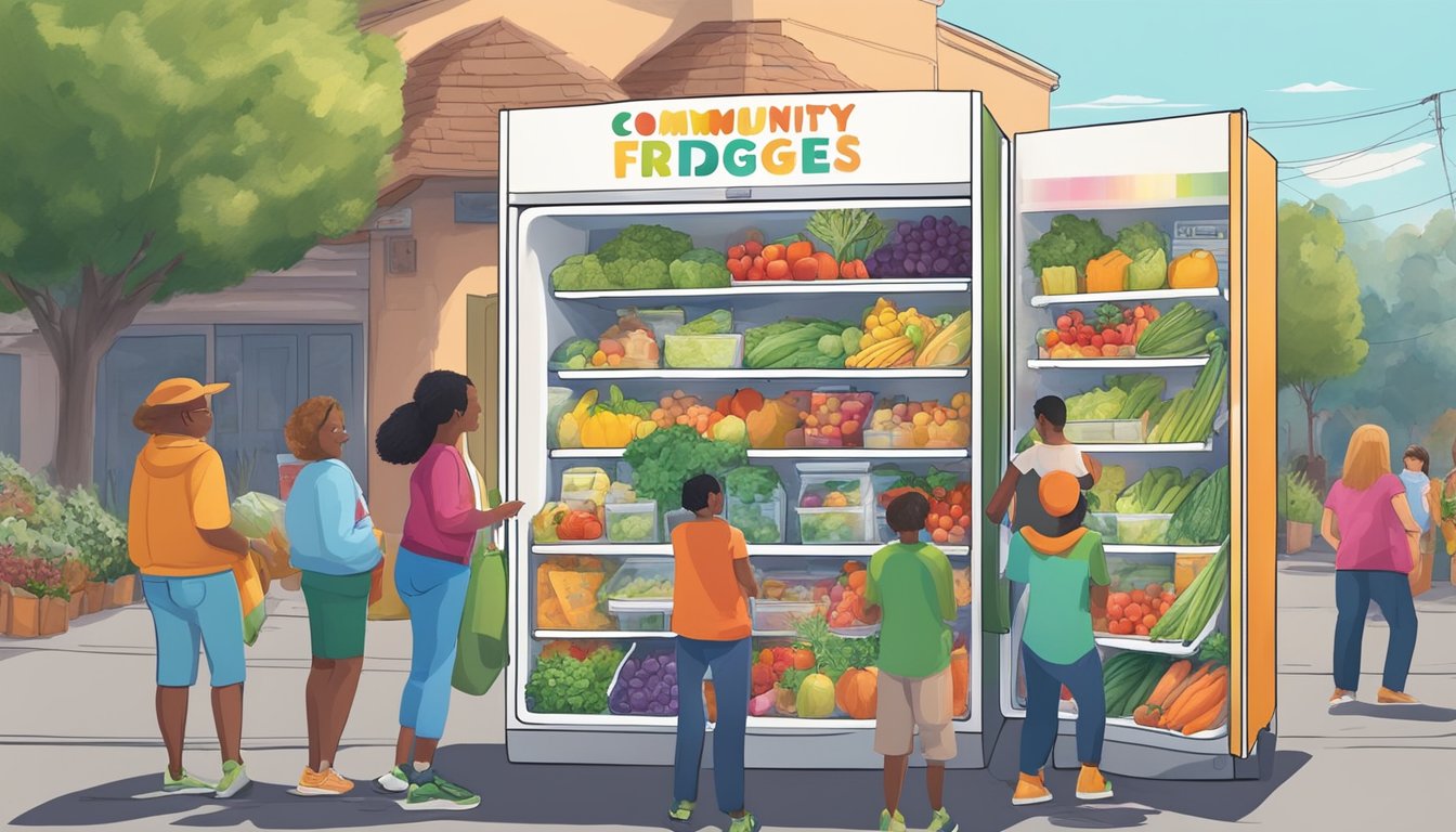 A colorful community fridge in Vacaville, CA filled with fresh produce and packaged goods, surrounded by eager locals donating and taking food