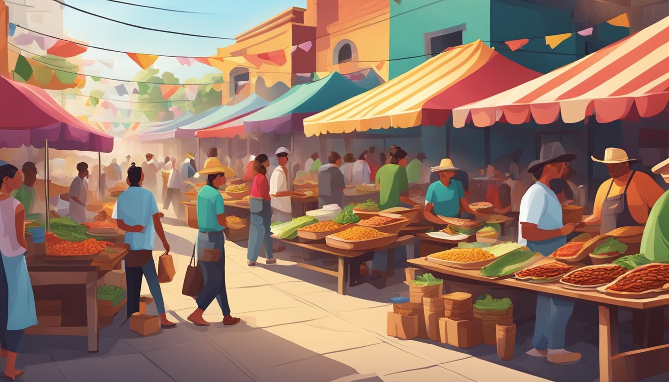 A bustling market filled with colorful stalls selling local Tex-Mex cuisine, including sizzling fajitas, spicy chili con carne, and mouthwatering puffy tacos