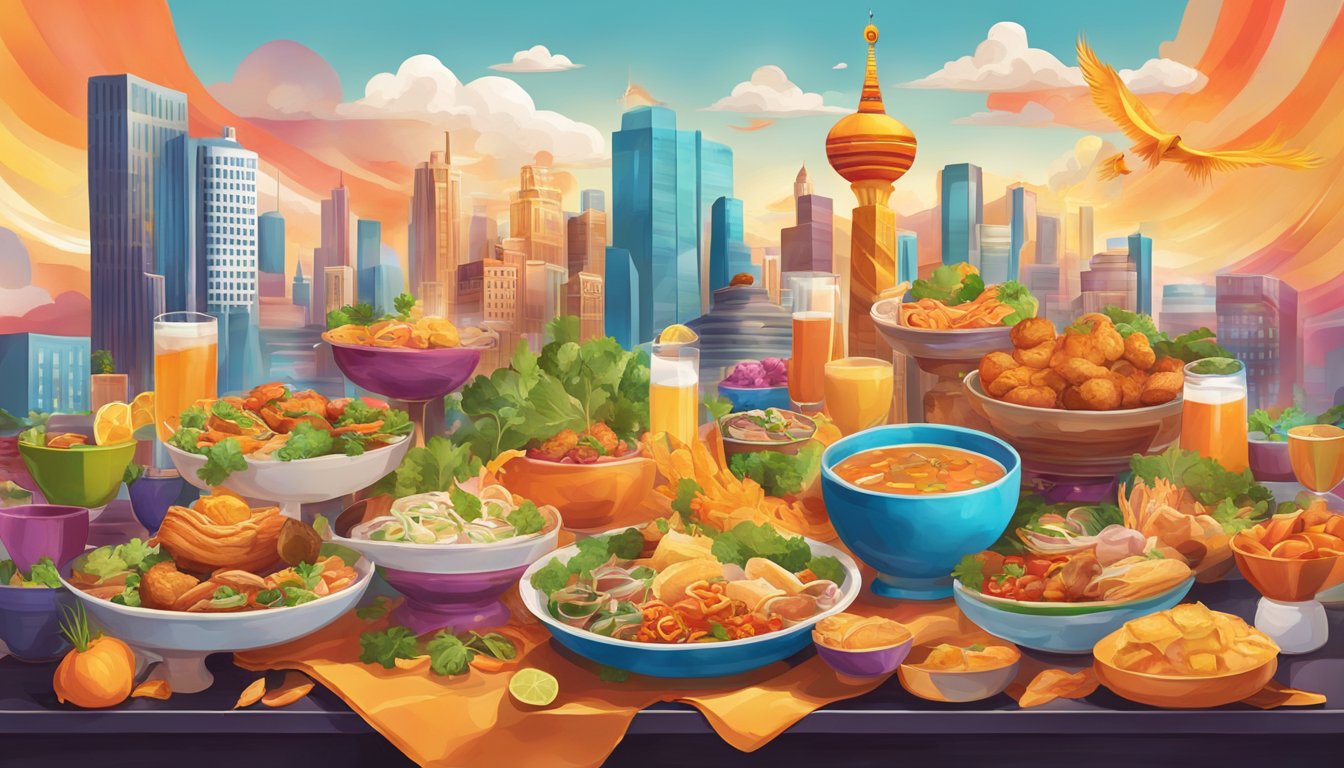 A vibrant cityscape with iconic dishes and beverages floating in the air, surrounded by the fiery colors of the phoenix, representing the diverse culinary delights of the city