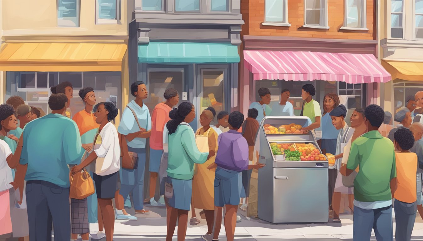 A bustling street corner with a colorful community fridge surrounded by people donating and taking food