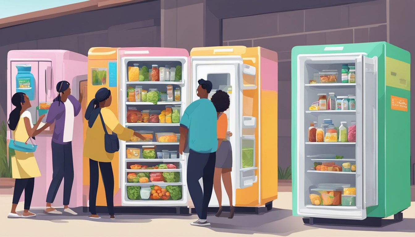 A colorful local community fridge surrounded by diverse individuals donating and taking food items