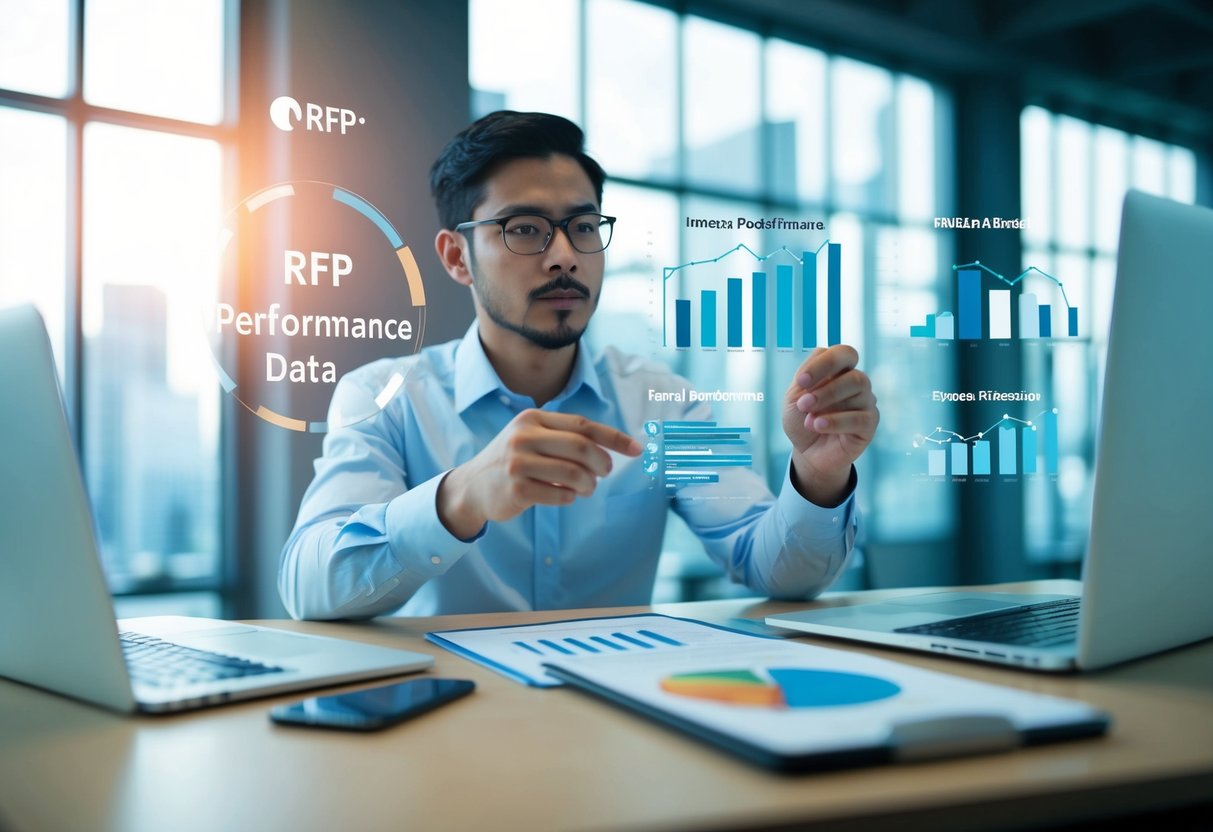 Une personne analysant les données de performance des appels d'offres avec des graphiques et des diagrammes