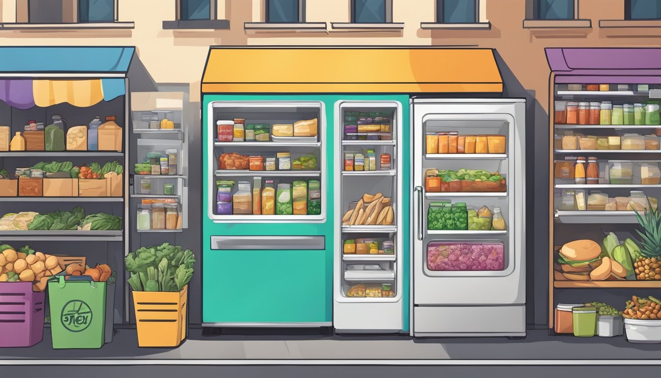 A colorful community fridge surrounded by diverse food donations in a bustling urban setting