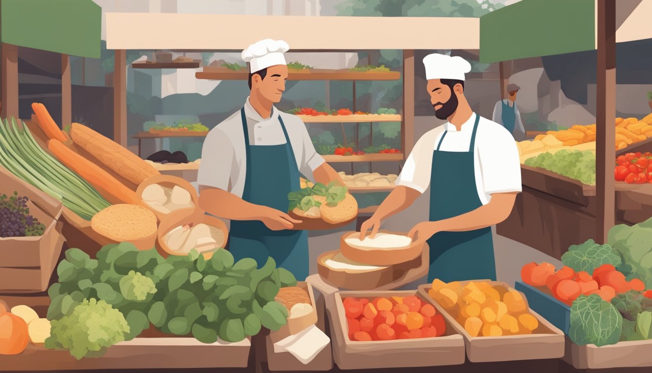 A bustling farmers market with colorful produce, artisanal cheeses, and freshly baked bread. A chef selects ripe tomatoes and fragrant herbs