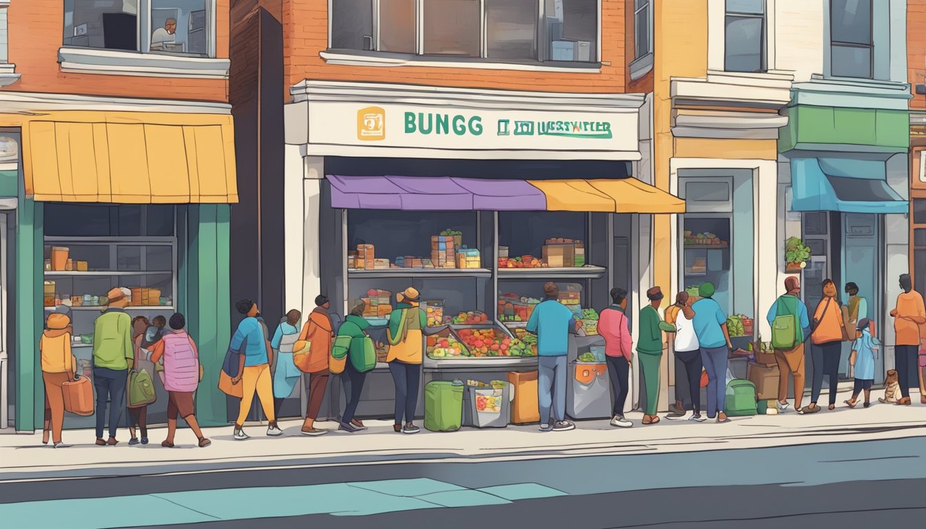 A bustling street corner with a colorful community fridge surrounded by diverse locals donating and taking food items