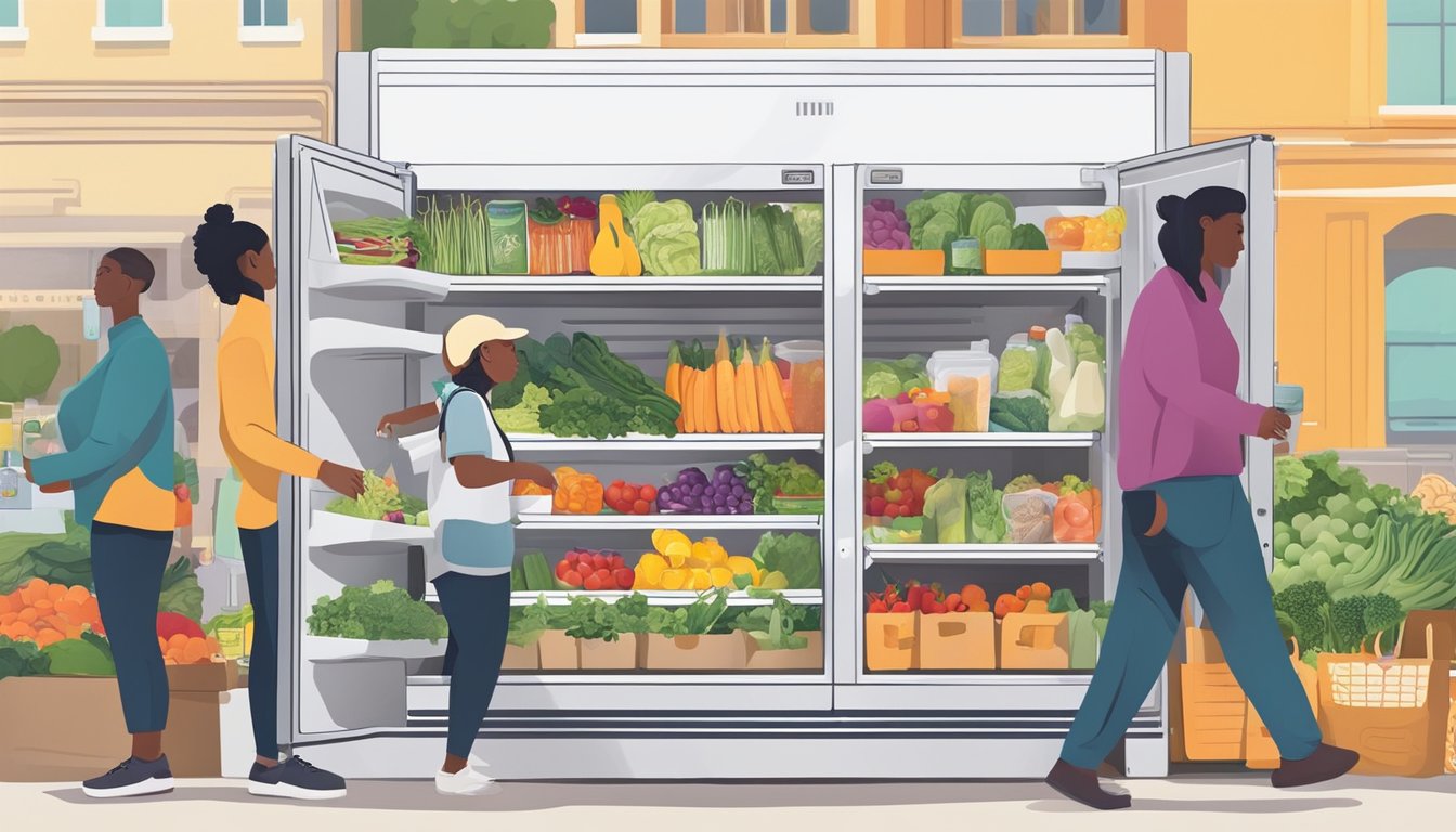 A brightly colored community fridge surrounded by diverse local produce and food items, with people from the community coming to donate and take items