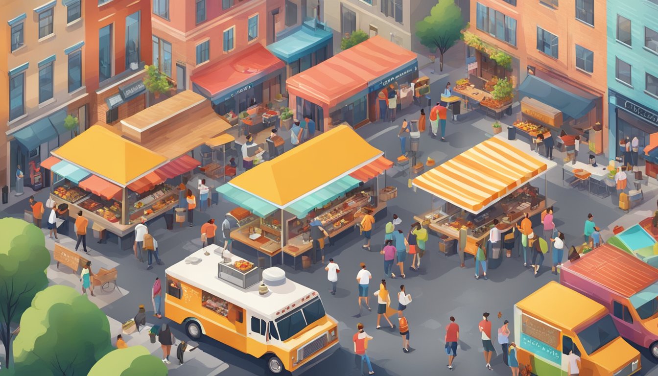 A bustling city street filled with colorful food trucks and smoky BBQ joints, surrounded by eager customers enjoying a variety of delicious culinary delights