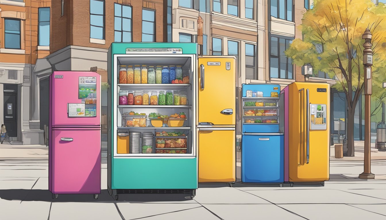 A brightly colored community fridge stands on a bustling Denver street, surrounded by diverse buildings and people. The fridge is filled with a variety of food items, and a sense of unity and support permeates the air