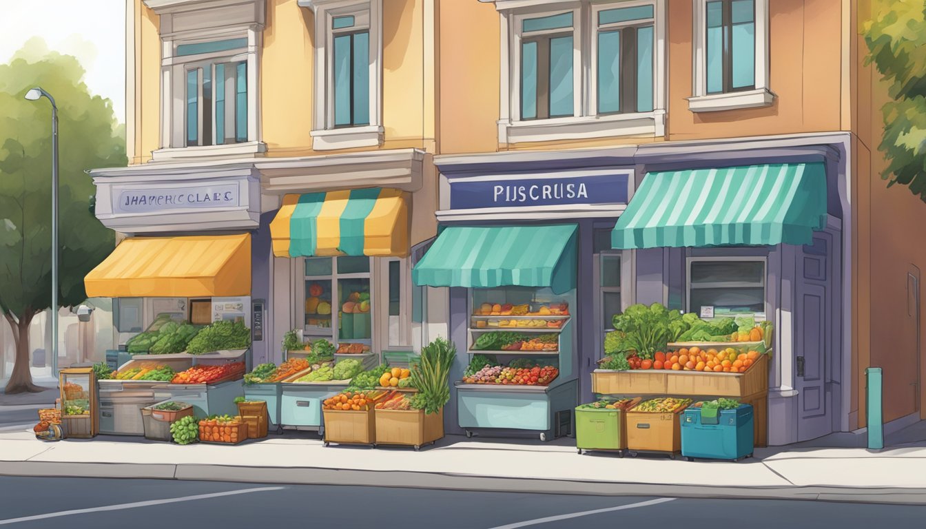 A bustling street corner in Santa Clara, California, with a community fridge adorned with colorful artwork and filled with fresh produce and other food items